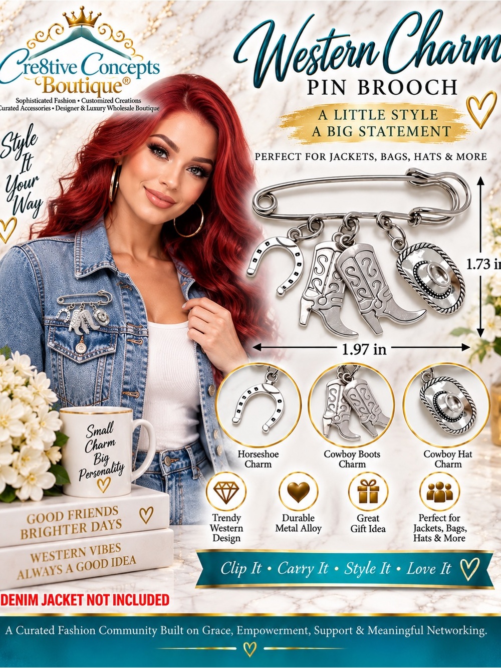 Western Charm Pin Brooch – Cowboy Boots, Hat & Horseshoe Charms-Silver